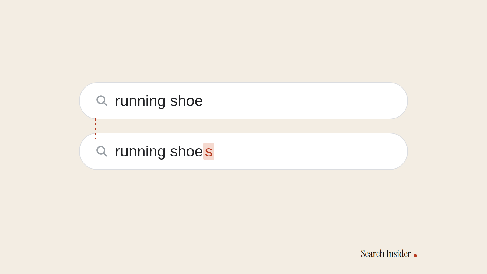 Two Google search bars, running shoe and running shoes, with the added s highlighted
